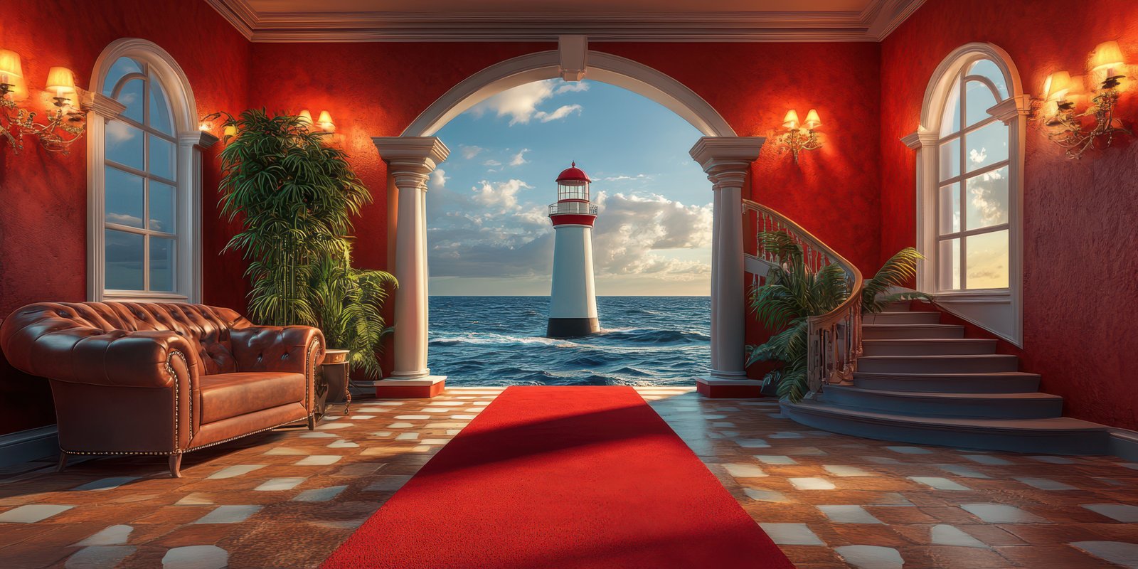Elegant coastal lobby with a stunning view of a lighthouse and ocean at sunset